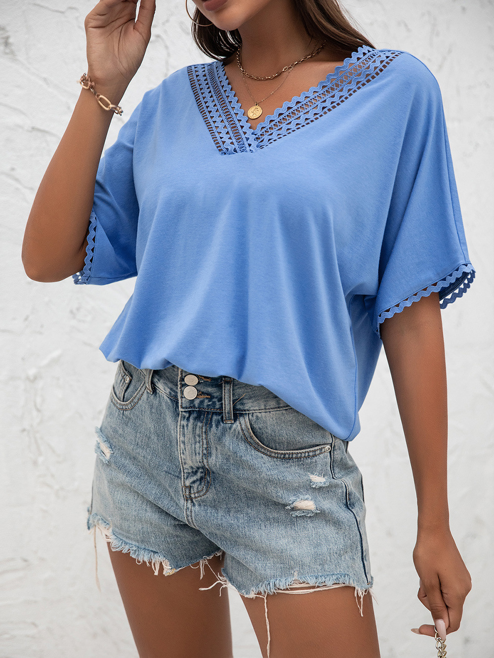 Title 6, Cutout Panel V-Neck Loose Knit Sweater Short Sl...