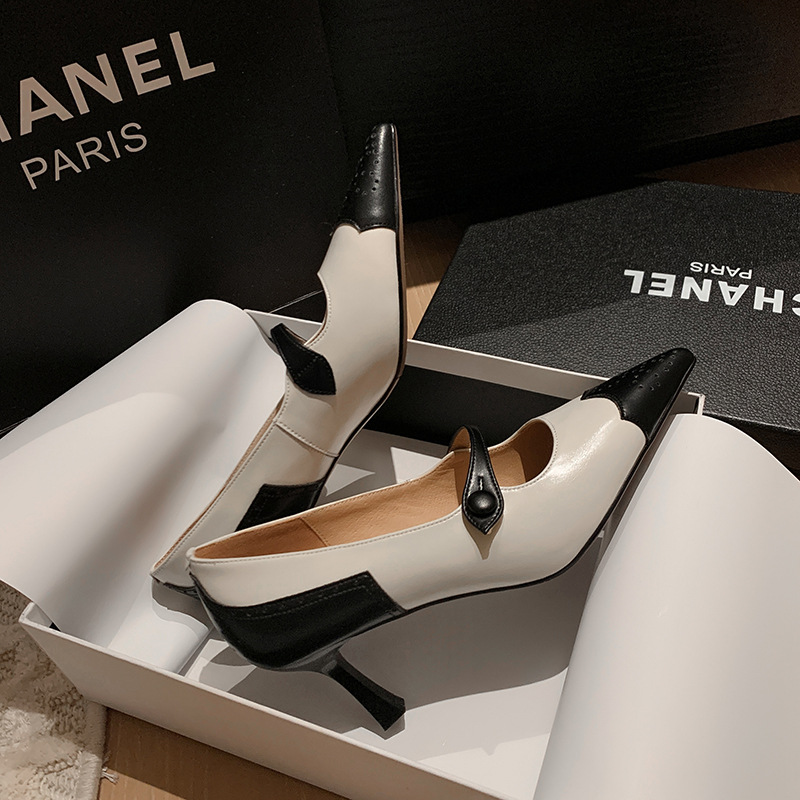 British Retro Color Blocking Full Leather Fine High Heel Mary Jane Shoes