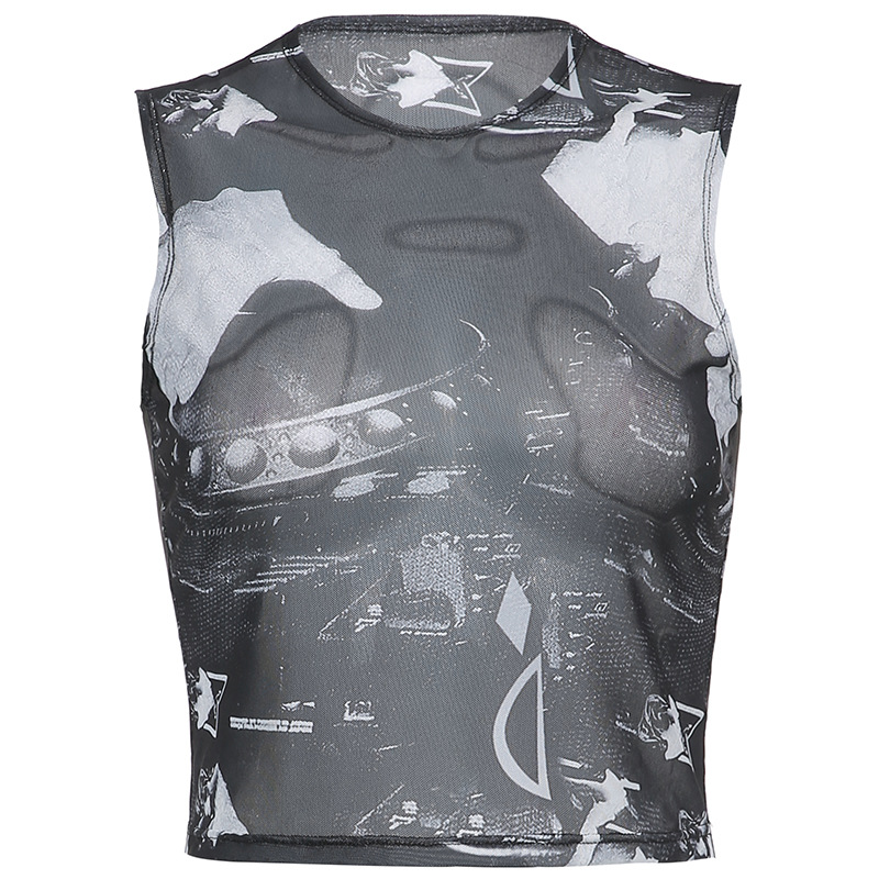 Printed Contrast Color Round Neck Sleeveless Top Short Cropped T-shirt