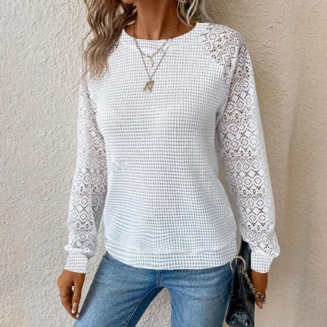 Women's Lace Waffle Knit Blouse, Long Sleeve Crewneck Business Casual Top White - Shop at LoveMi