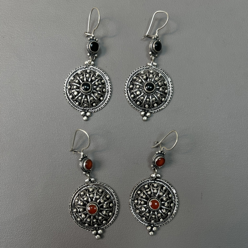 Handmade Old Silver Antique Inlaid Agate Earrings