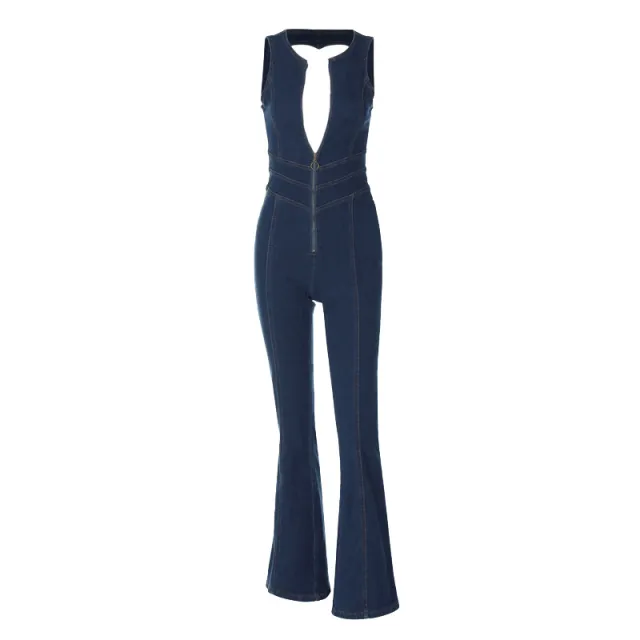 Women's Fashion Slim And Thin Retro Style High waisted Denim Jumpsuit Blue - Shop at LoveMi