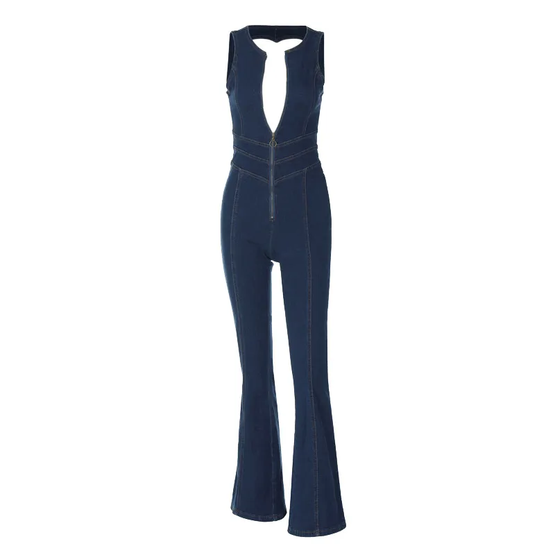 Women's Fashion Slim And Thin Retro Style High-waisted Denim Jumpsuit - Blue