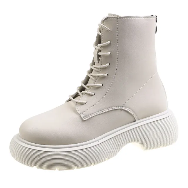 Leather Round Toe Chunky Heel Lace up Martin Boots White - Shop at LoveMi