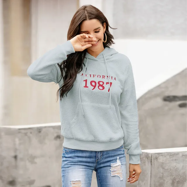Lamb Fleece Casual Jacket Embroidered Plush Pullover Sweater Top Women Red - Shop at LoveMi