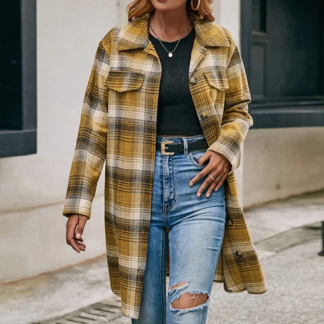 Single breasted Plaid Shirt Lapel Mid length Yellow - Shop at LoveMi
