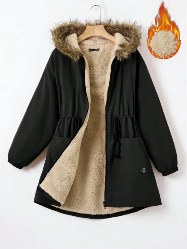 EZwear Drawstring Waist Fuzzy Trim Hooded Thermal Lined Drawstring Waist Coat Black - Shop at LoveMi