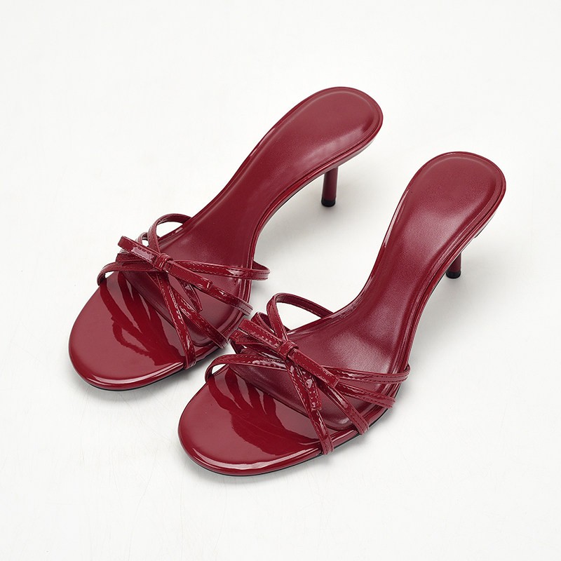 2026 Plus Size Women Patent Leather Wine Red Round Toe Thin Strap Bow High Heel Mules, Open Toe Outdoor Slides