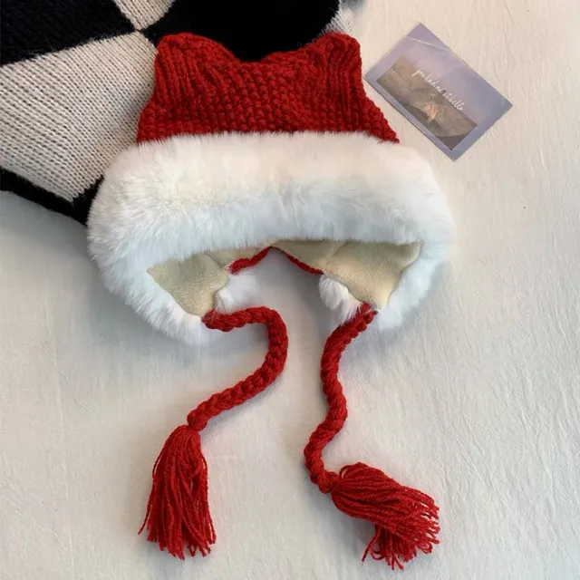 Cute Cat Ears Plush Knitted Hat Red - Shop at LoveMi