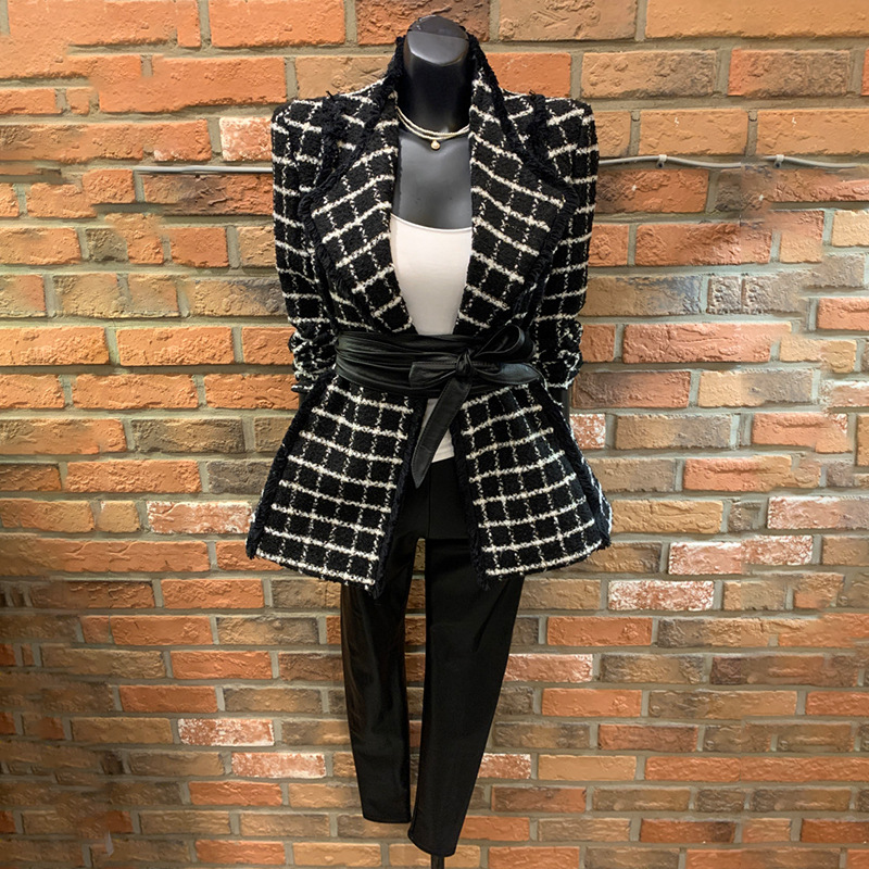 Fashion Small Fragrant Long-sleeved Tweed Plaid Small Suit Waist Woolen Coat Female Quilted