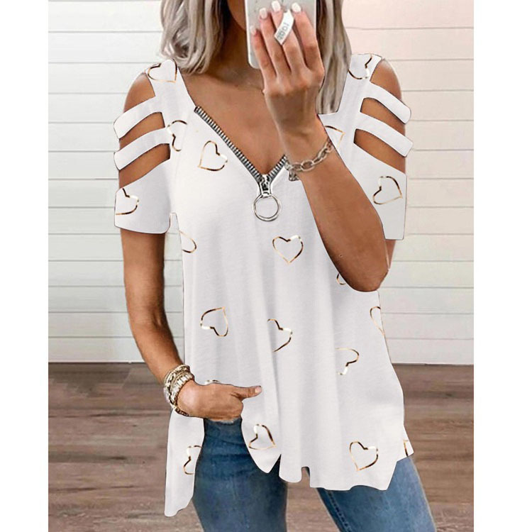 Title 5, V-neck Zipper Printing Short-sleeved Loose Casu...