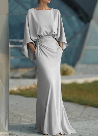 Elegant Backless Ruched Long Dress, Women Slim Fit Formal Maxi Dress