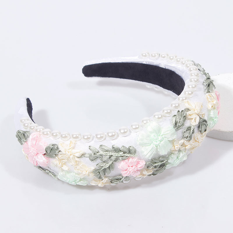 Imitation Pearl Retro Headband Floral Woven Fabric White - Shop at LoveMi