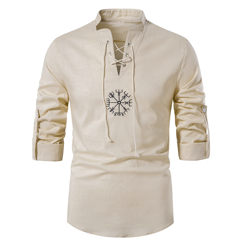 Men's Cotton Linen Shirts Long Sleeve Solid Color - 3