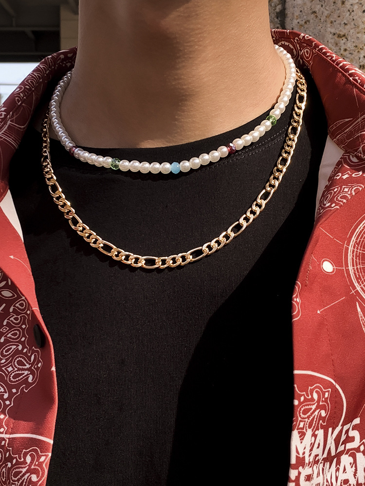 New Men's Pearl Metal Necklace National Tide Design Ins Wind Necklace