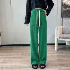Women's Fashion Simple Solid Colour Elastic Waist Tie Wide Leg Pants - Green - View 1