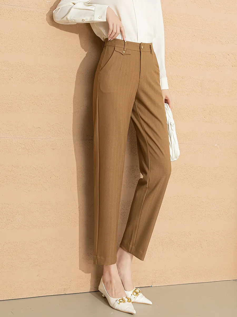 Women's Fashionable High Waist Straight Drape Nine-Point Pants - Khaki