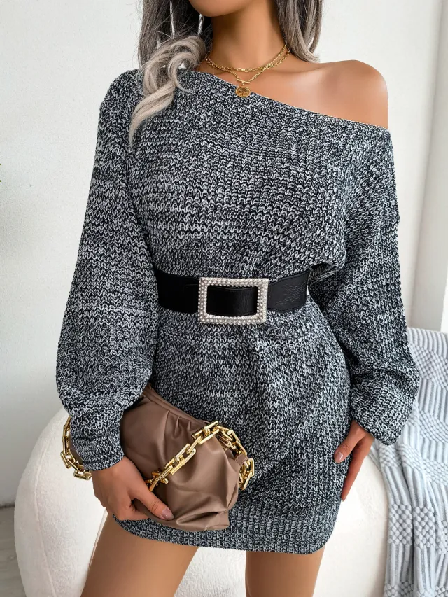 Casual Off Shoulder Colorful Lantern Sleeve Knit Sweater Dress Black - Shop at LoveMi