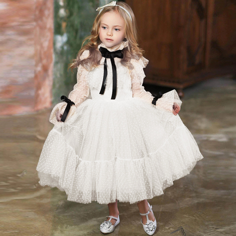 Girls Mesh French Long Sleeve White Dress