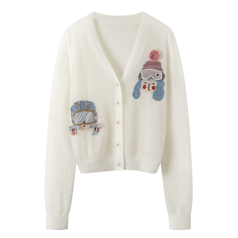 V-neck Single-breasted Cardigan Long-sleeved Cartoon Alphabet Jacquard Embroidery Knitted Sweater