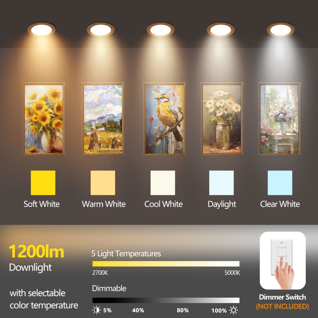 6 Pack 6 Inch White LED Recessed Light, Dimmable, 2700K-5000K 5CCT, 800LM High... 6