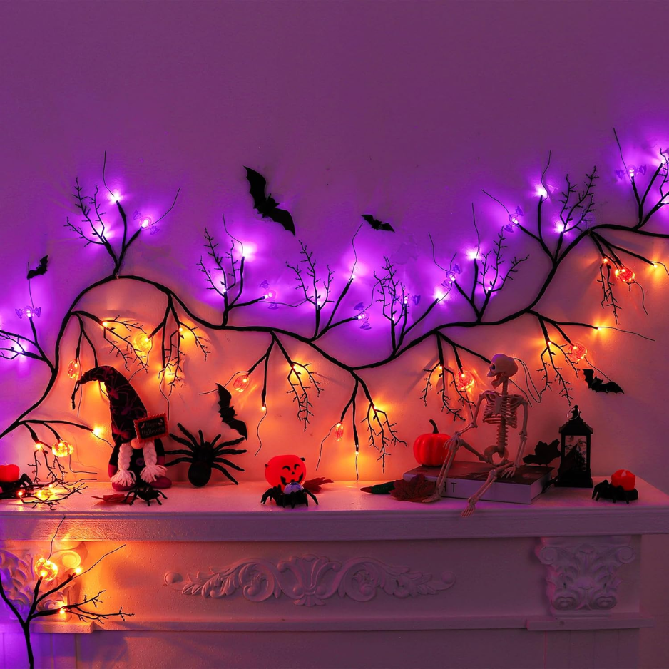 9 FT 72 LED Willow Vine Twig Decor Black Halloween Garland With Pumpkin & Bats Lights, 8 Modes
