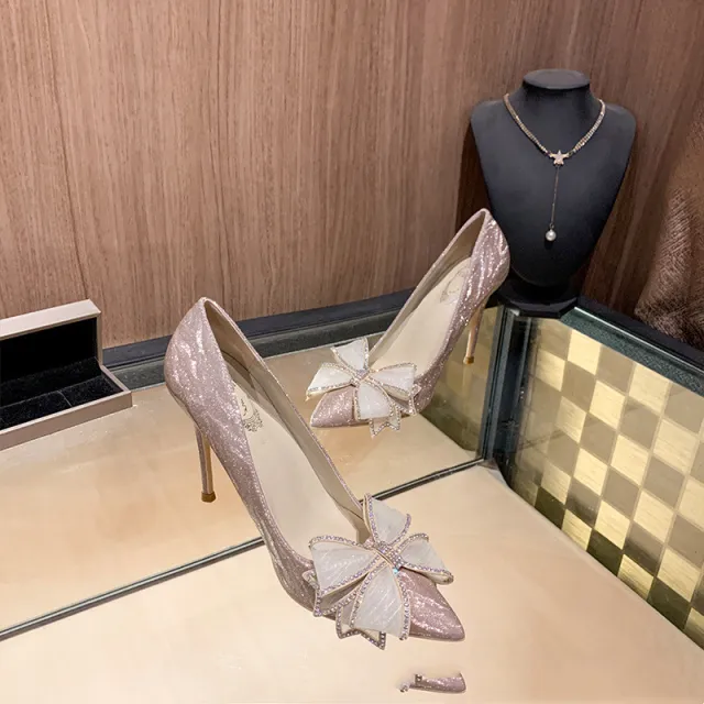 Pointed Toe Bow Knot Baotou Rhinestone Stiletto Crystal Bridesmaid Shoes High Heels Champagne 8Cm 36 - Shop at LoveMi