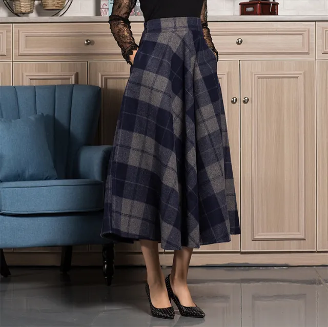 Women's A line Mid length Plaid High Waist Fashion Winter Skirt Grey - Shop at LoveMi