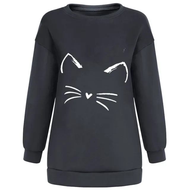 New Falling Shoulder Sweater Cat Women's Long Sleeve Top Dark Grey - Shop at LoveMi