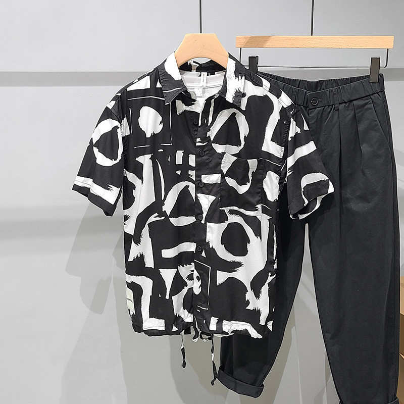 Men's Fashion Black And White Colorblock Printed Short Sleeve Shirt