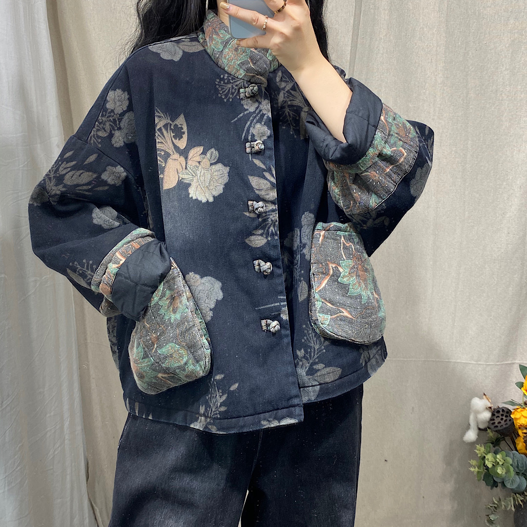 Handmade Buckle Quilted Denim Cotton Coat