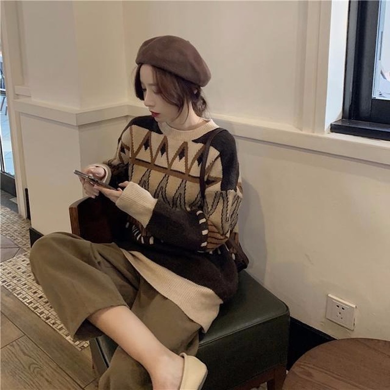 Fashion Loose Retro Diamond Contrast Round Neck