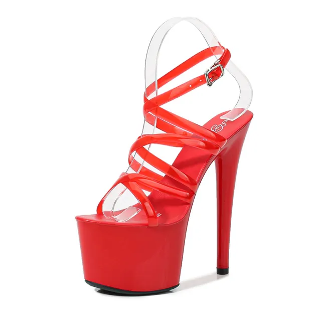 Summer 15cm 17cm 20cm Transparent PVC Strap Sandals Women High Heels Platform Shoes Woman Cross Strap Sandals Big Size 43 Red - Shop at LoveMi