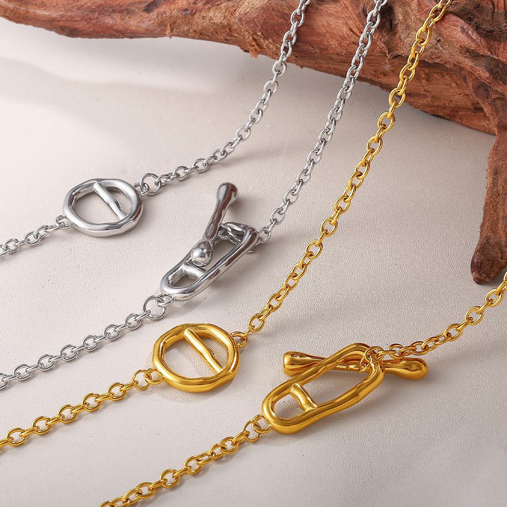 Japanese Style Minimalist Long Sweater Chain Necklace, Stainless Steel Pig Nose Pendant With OT Clasp, Fashion Simple Jewelry