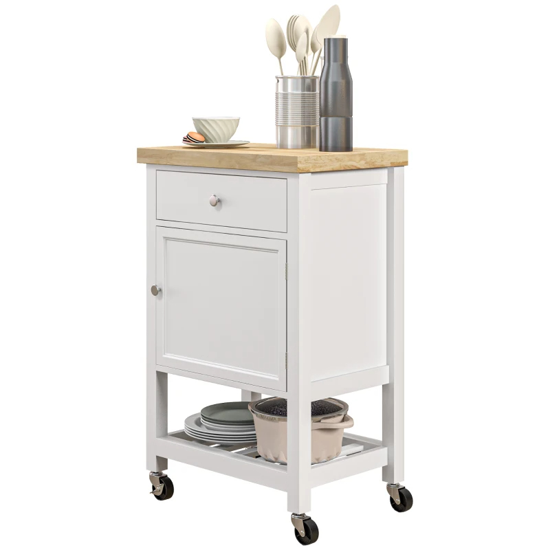 Kitchen Island On Wheels, Rolling Kitchen Cart With Rubberwood Top, Drawer, Wine Rack And Cabinet, White