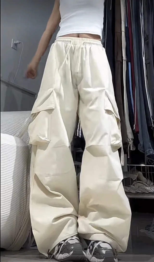 Retro Workwear Casual Pants For Women High Waist Straight Wide Leg Trousers Design Loose Mopping Pants Apricot - Shop at LoveMi