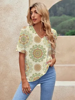 Printed Short Sleeve Urban Loose Casual Women's V Neck T Shirt - 195Color-M - View 1