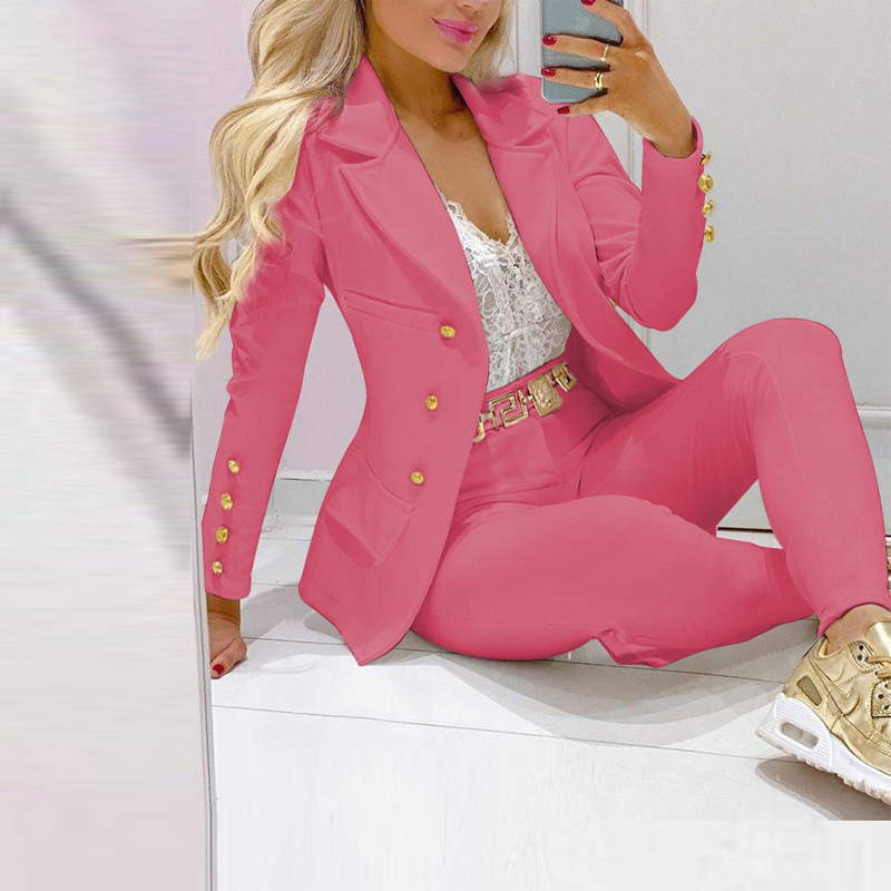 Women's Solid Color Notch Lapel Suit Set, Slim Fit Blazer With Pocket & Trousers, Formal Office Pant Suit Pink - Shop at LoveMi