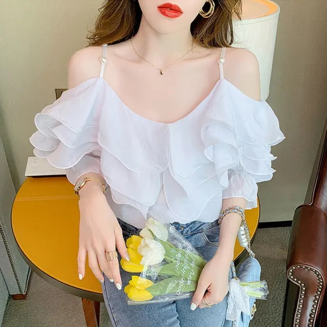 One Word Neck Chiffon Shirt Off Shoulder Ruffle Top Women's White - Shop at LoveMi