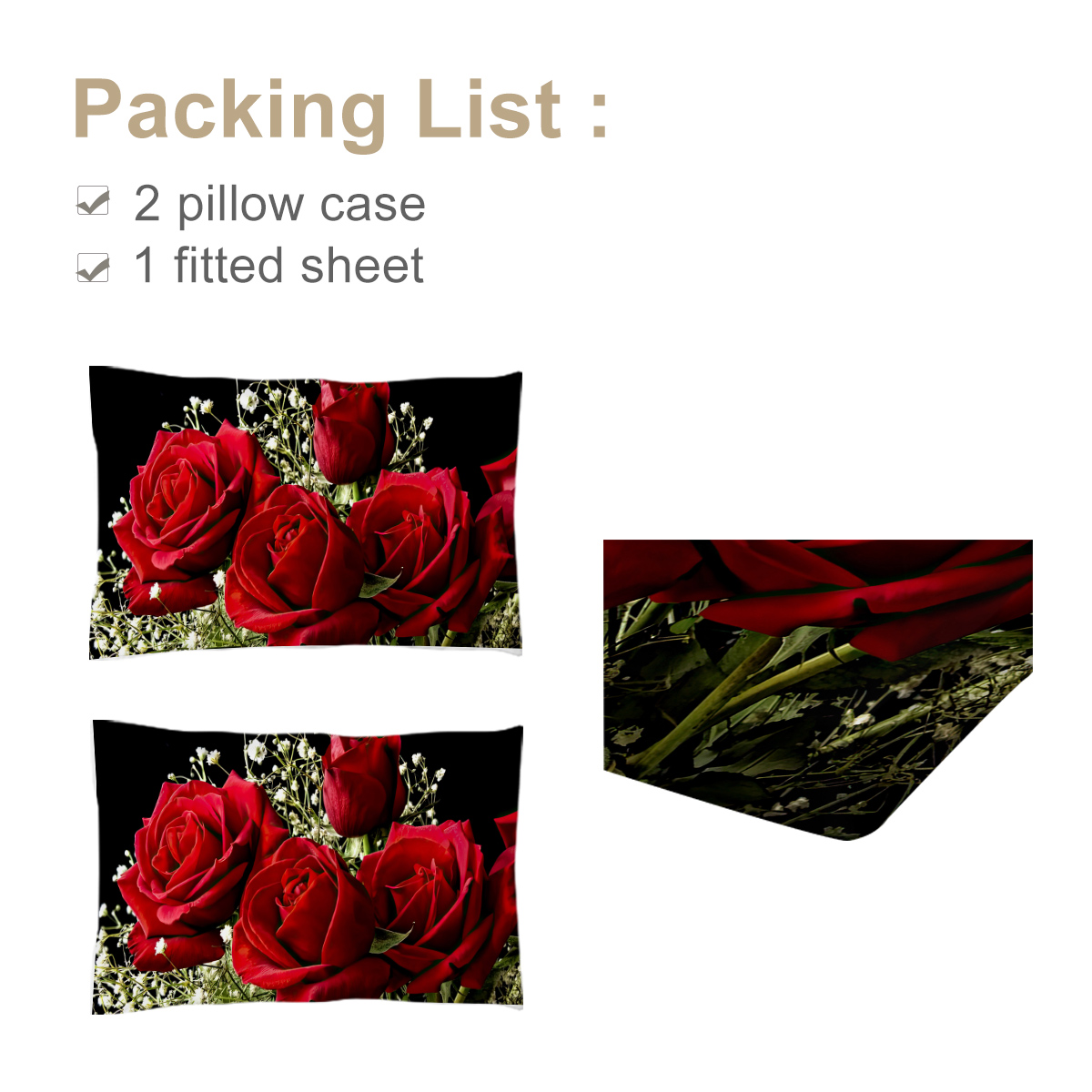 3pcs Rose Floral Bed Sheet, Microfiber Flower Bedding Sheet Set, Red Black Bedding Sheet Set With 1 Fitted Sheet And 2 Pillowcases