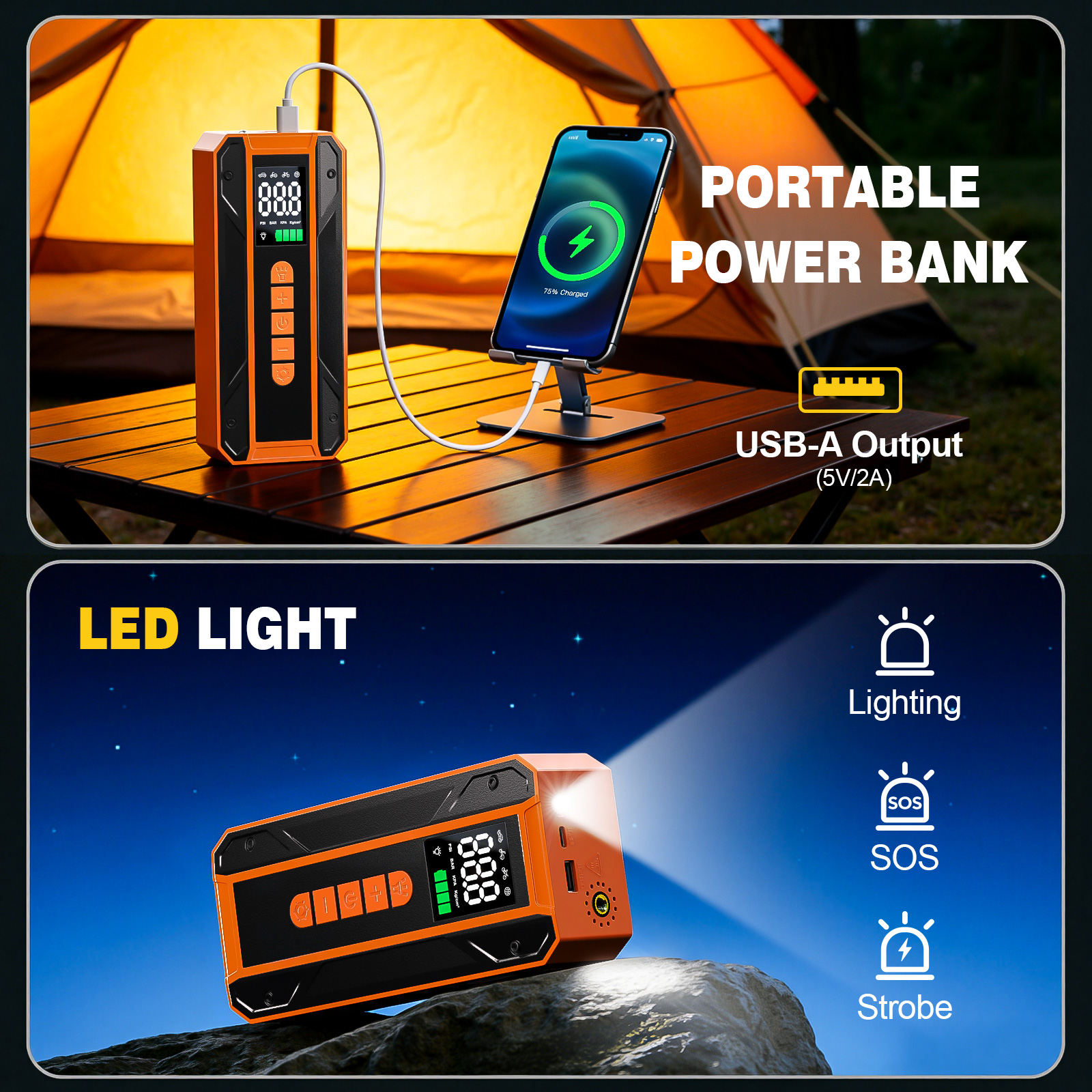 Air Pump Car Jumper Starter Portable Battery Pack With 150PSI Tire Inflator, 12V Jumper Box For Car Charger Battery Booster With LCD Display, 3-Mode Emergency Flashlight thumbnail 5