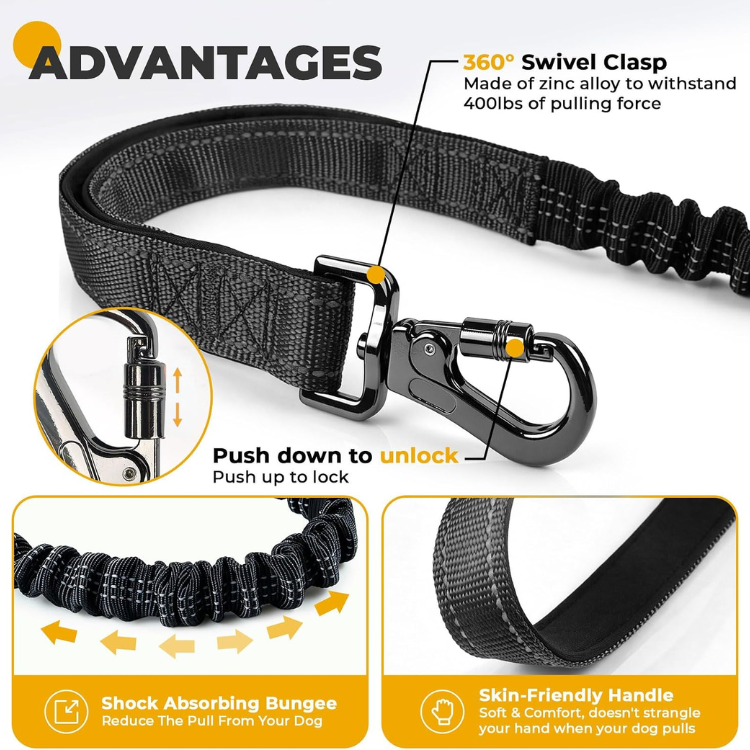 4 In 1 Hands Free Dog Leash With Car Seatbelt Buckle, Shock Absorbing Bungee Dog Waist Leash Belt For Running Walking Hiking, Dual Handles & Reflective, Adjustable For Small Medium Large Dogs