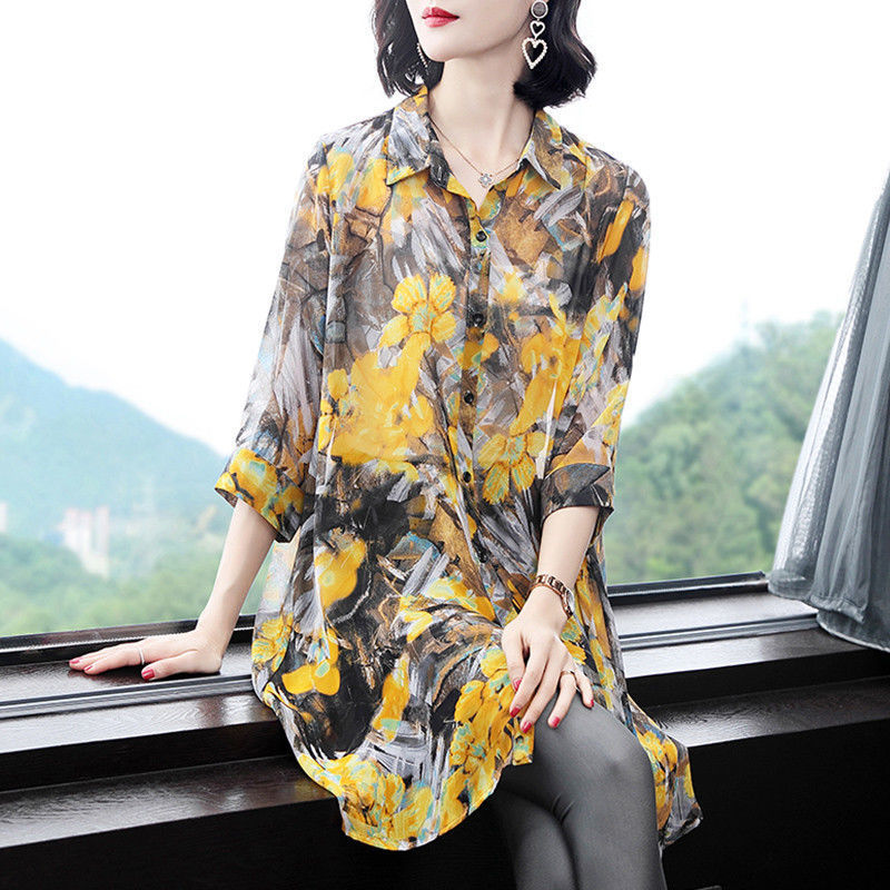 Vintage Colorful Printed Lapel High Low Chiffon Shirt
