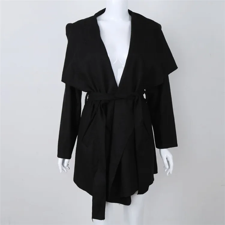 Mid-length Slim Waist Solid Color Women's Trench Coat - Black