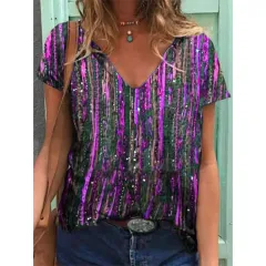 Summer Women's Top Loose Printing Short Sleeve V-Neck T-Shirt Women's Bottoming Shirt - Rose Red - View 1
