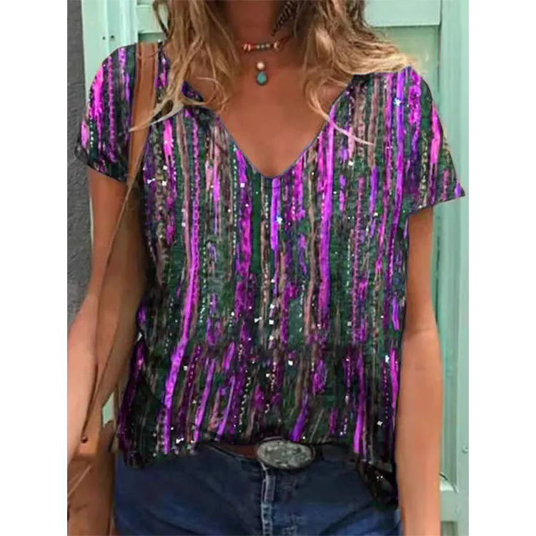 Summer Women's Top Loose Printing Short Sleeve V-Neck T-Shirt Women's Bottoming Shirt - Rose Red