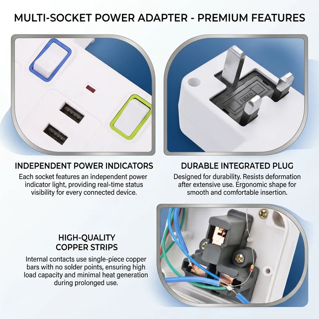 6-in-1 Multi Plug Extension 3 Way 3 USB With Individual Switched Wall Socket — image 2