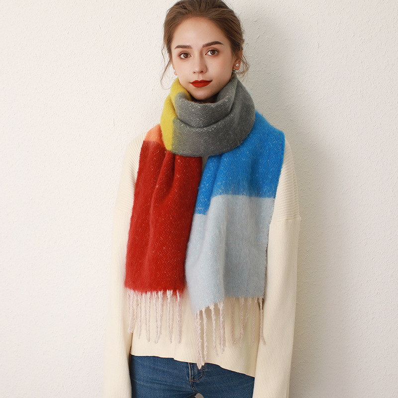 Striped Plaid Fringed Cashmere Mohair Scarf