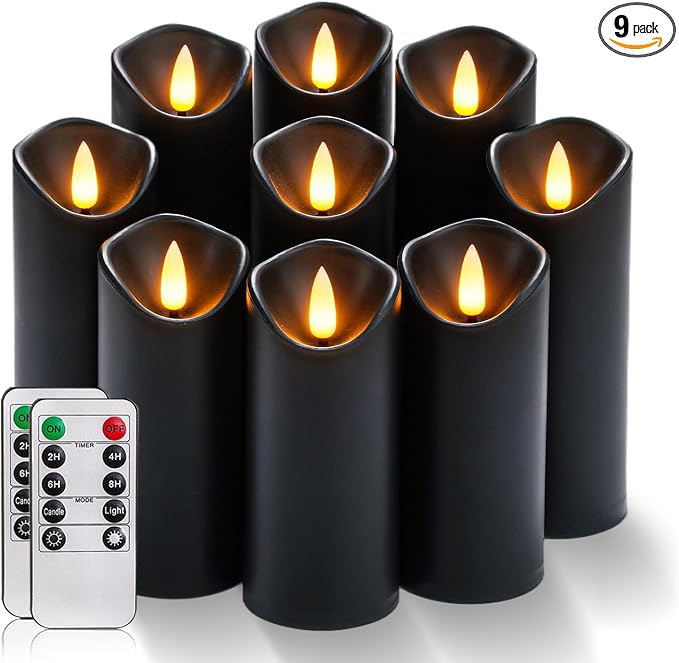 9-Pack Black Halloween Flameless LED Pillar Candles With Remote Control And Timer