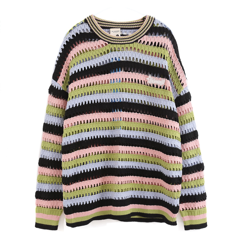 Title 5, Contrast Color Stripes Hollow Out Sweater Men